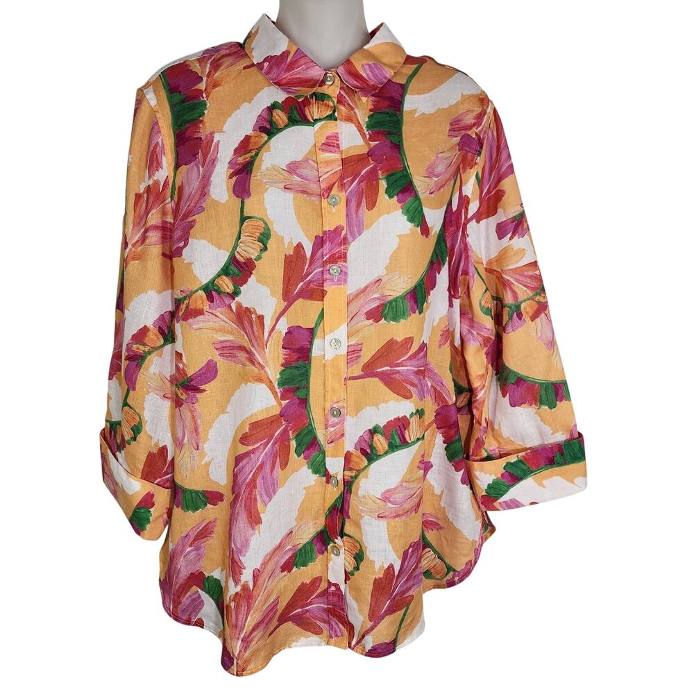Chico's Womens Shirt 2 US 12 No Iron Linen 3/4 Sleeve Foliage Floral Orange Pink